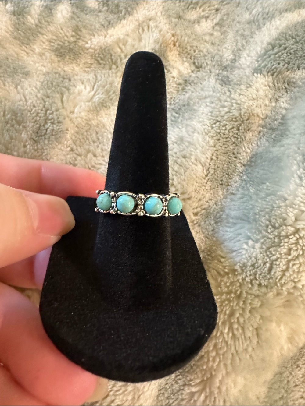 Silver Band Ring with Turquoise Cabochons - Women Jewelry